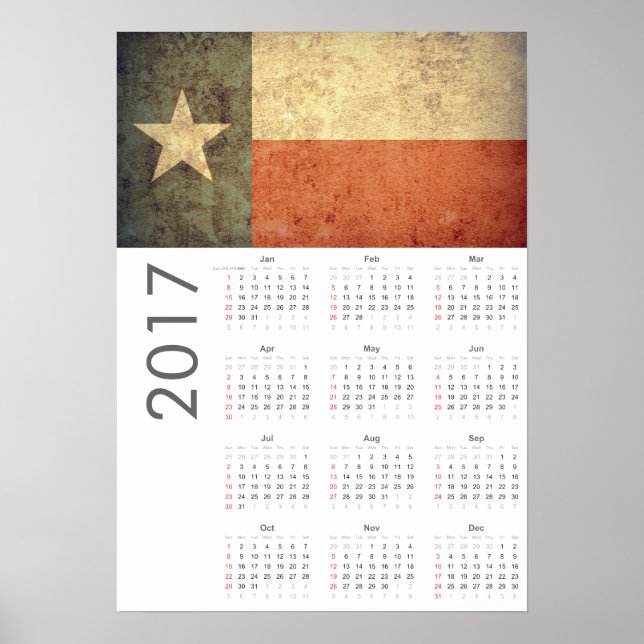 Poster Grunge Texas Flag Calendar 2017 (Frente)
