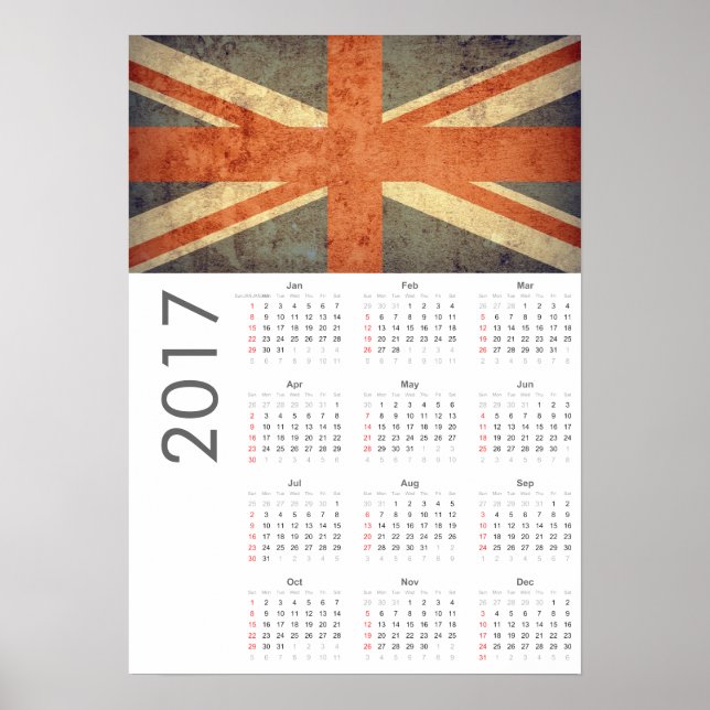 Poster Grunge UK Flag Calendar 2017 (Frente)