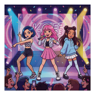 Pôster Grupo feminino de KPop de desenho animado