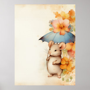 Poster Guarda-chuva azul do rato laranja e flores azuis