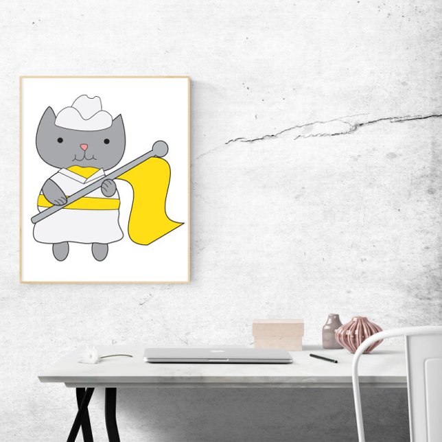 Poster Guarda de cor de gato amarelo e branco (A poster featuring a gray cat in a yellow & white color guard uniform.)