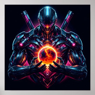 Poster Guardião Cibernético Cósmico Abstrato Robô Futuris