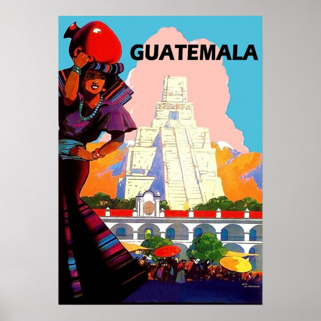 Poster Guatemala, mulher nativa com cerâmica, pirâmide (Frente)
