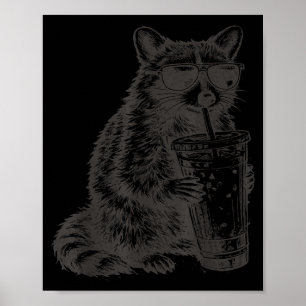 Poster Guaxinim bebendo café gelado engraçado para homens
