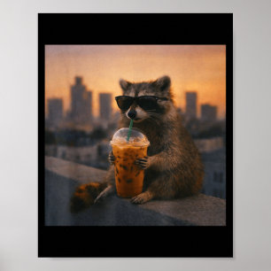 Poster Guaxinim bebendo café gelado meme engraçado de ani