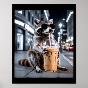 Poster Guaxinim bebendo café gelado meme engraçado de ani
