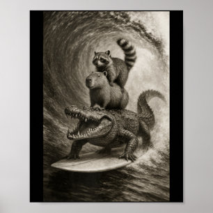 Poster Guaxinim Capivara Crocodilo Surfando Selfie Engraç
