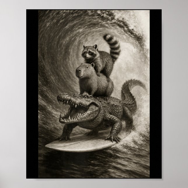 Poster Guaxinim Capivara Crocodilo Surfando Selfie Engraç (Frente)