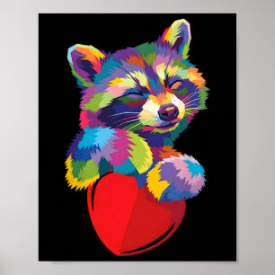 Poster Guaxinim Colorido Abraçando Coração Ilustração Pop