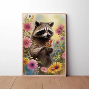 Poster guaxinim e flores silvestres