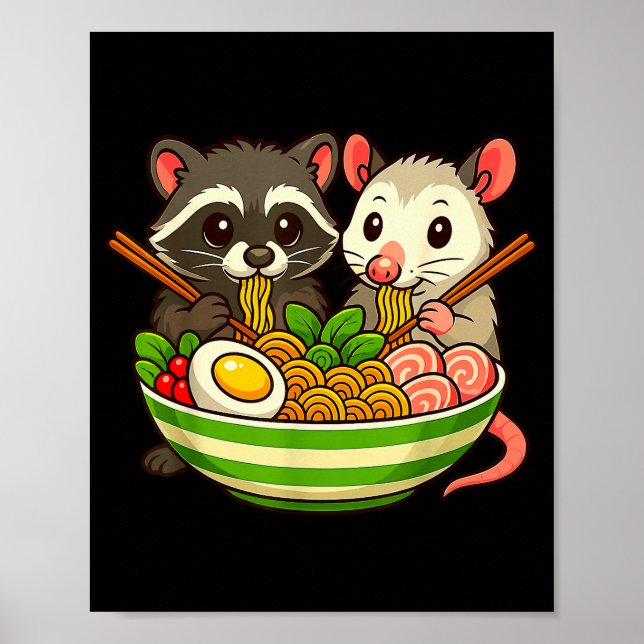 Poster Guaxinim e Gambá Comendo Macarrão Ramen (Frente)