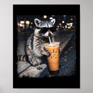 Poster Guaxinim engraçado bebendo café gelado animal engr
