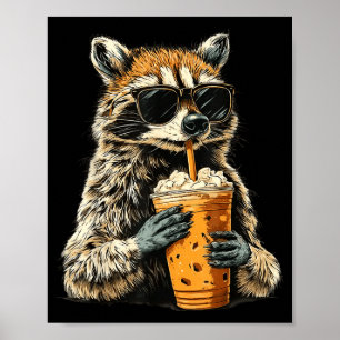 Poster Guaxinim engraçado bebendo café gelado meme animal
