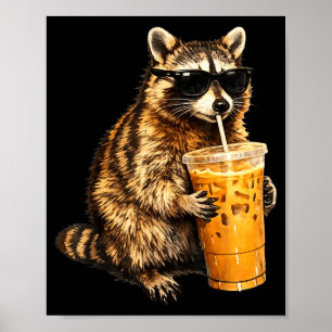 Poster Guaxinim engraçado bebendo café gelado meme animal