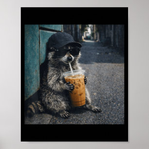 Poster Guaxinim engraçado bebendo café gelado meme animal