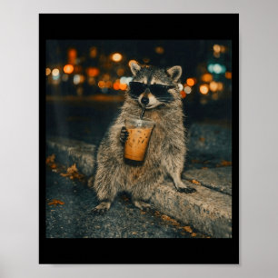 Poster Guaxinim engraçado bebendo café gelado meme animal