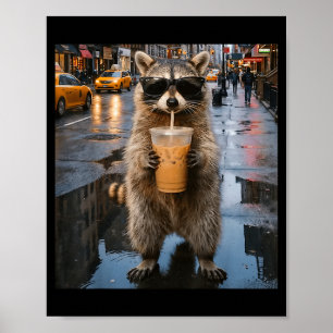Poster Guaxinim engraçado bebendo café gelado meme animal