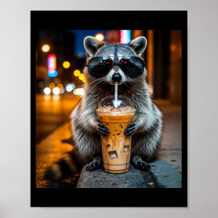 Poster Guaxinim engraçado bebendo café gelado meme de ani