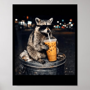 Poster Guaxinim engraçado bebendo café gelado meme de ani