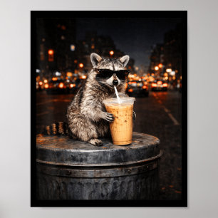 Poster Guaxinim engraçado bebendo café gelado meme de ani