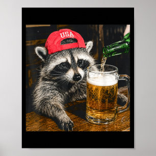 Poster Guaxinim Engraçado Bebendo Cerveja Chapéu Usa Patr