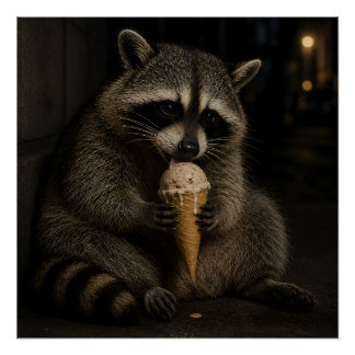 Pôster Guaxinim Engraçado Comendo Sorvete