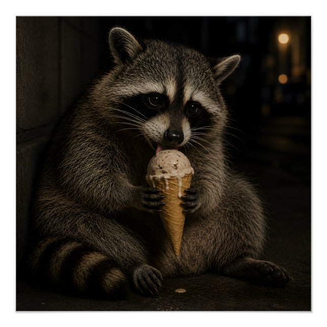Pôster Guaxinim Engraçado Comendo Sorvete (Frente)