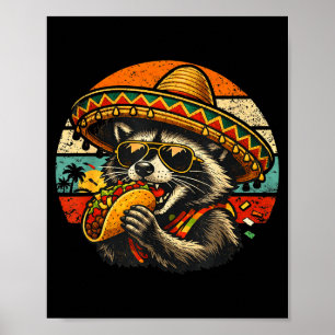 Poster Guaxinim Engraçado Comendo Taco Sombrero Retro Grá