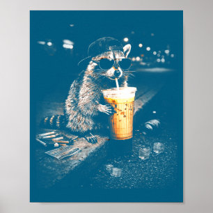 Poster Guaxinim engraçado e fofo bebendo café gelado