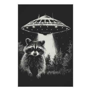 Pôster Guaxinim Espacial Preto e Branco Divertido OVNI