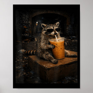 Poster Guaxinim Fofo Bebendo Café Gelado Engraçado