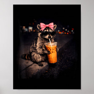 Poster Guaxinim fofo bebendo café gelado guaxinim engraça