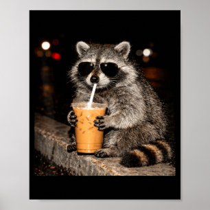 Poster Guaxinim legal bebendo café gelado meme engraçado