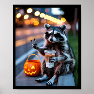 Poster Guaxinim selvagem bebendo café gelado halloween