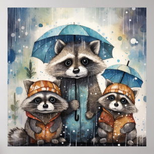 Poster Guaxinins Fofos na Chuva