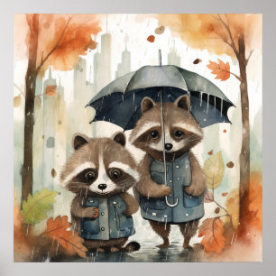 Poster Guaxinins Fofos na Chuva