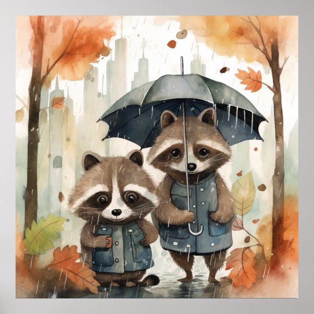 Poster Guaxinins Fofos na Chuva (Frente)