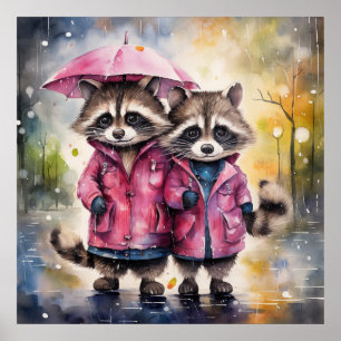 Poster Guaxinins Fofos na Chuva