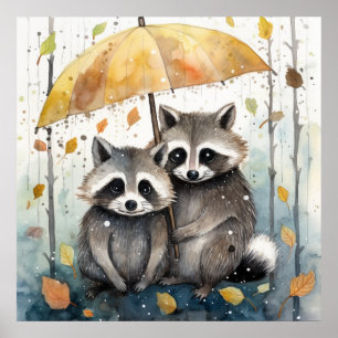 Poster Guaxinins Fofos na Chuva