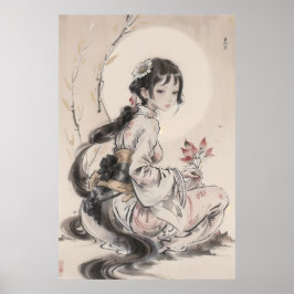 Poster Gueixa e Lua - Arte Tradicional Chinesa