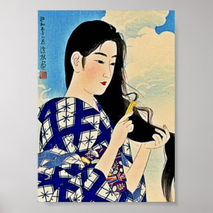Pôster Gueixa que penteia a arte de Woodblock Ukiyo-E do