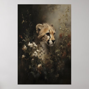 Poster Guepardo em Flores Silvestres Pintura a Óleo Vinta