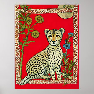 Poster Guepardo em um Fundo Vermelho Com Flores