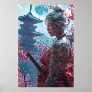 Poster Guerreira samurai mulher com katana — cultura japo