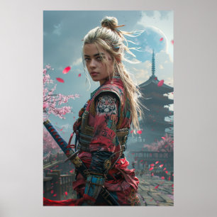 Poster Guerreira samurai mulher com katana — cultura japo