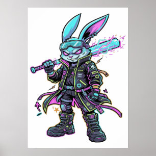 Poster Guerreiro Coelho Cyberpunk Neon – Coelho Futurista