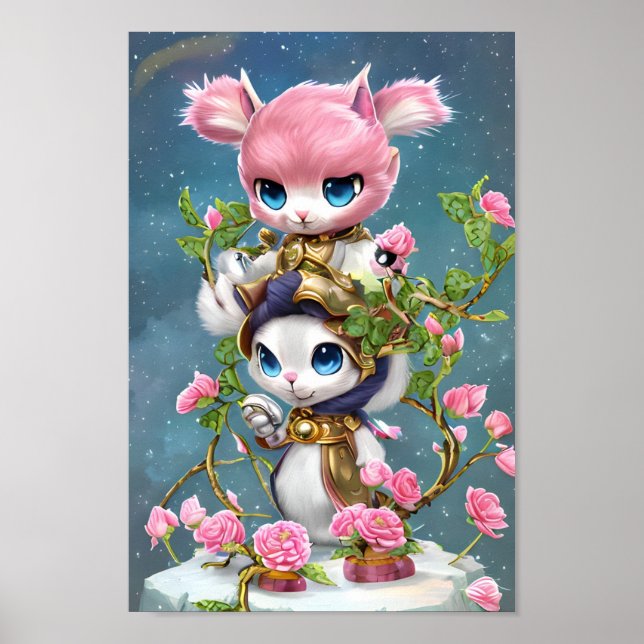 Poster Guerreiro do Bunny Cor-de-Rosa e Branco (Frente)