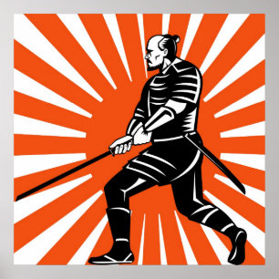 Pôster Guerreiro do samurai com espada do katana que