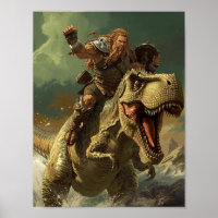 Guerreiro Épico Viking Montando um T-Rex Rugindo