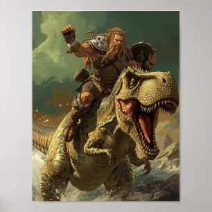 Poster Guerreiro Épico Viking Montando um T-Rex Rugindo